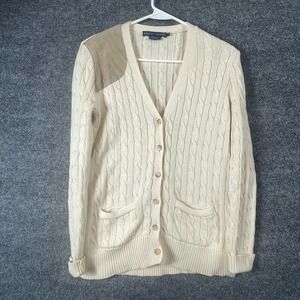 VTG Ralph Lauren Sweater Womens‎ Small White Cable Knit Cardigan Suede Shoulder